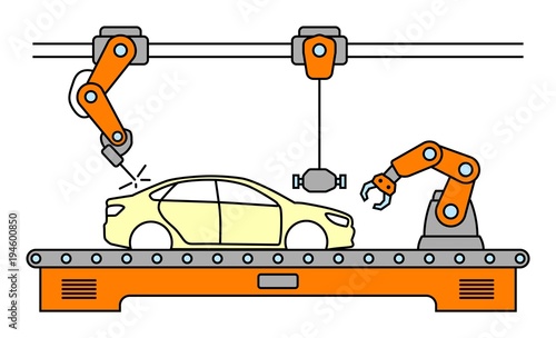 Thin line style car assembly line. Automatic auto production conveyor. Robotic car machinery industry concept. Vector illustration.