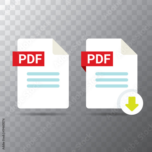 vector flat PDF file icon and vector pdf download icon set isolated on transparent background. Vector document or presentation icon design template for web site
