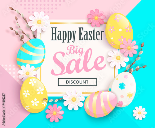 Big Sale card for Happy Easter with beautiful camomiles and painted eggs on geometric background. Sale and discount banner, poster, invitation, flyer. Vector illustration
