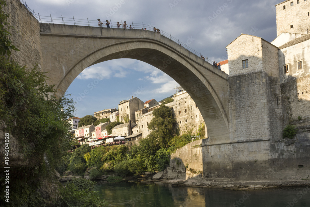 View from the bottom of the famous mostar bridge and Neretva river