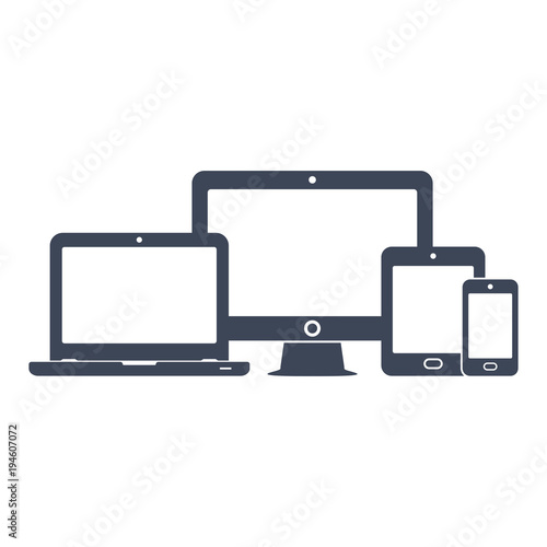 Device icons: smart phone, tablet, laptop and desktop computer. Vector illustration of responsive web design.