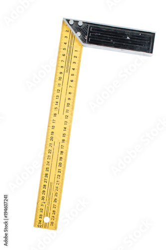 Used metal ruler with angle bar, set square, isolated on a white background. Path saved, cut out