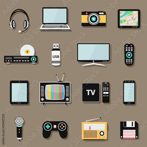Technology and multimedia digital devices icons set