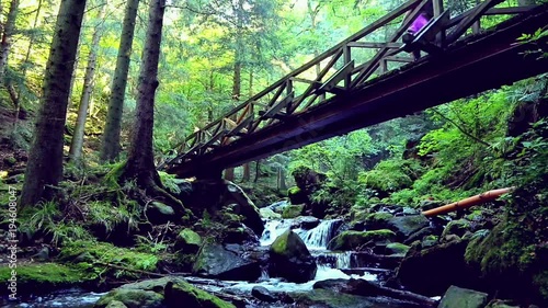 Cinemagraph of a woman crossing a bridge in a forest