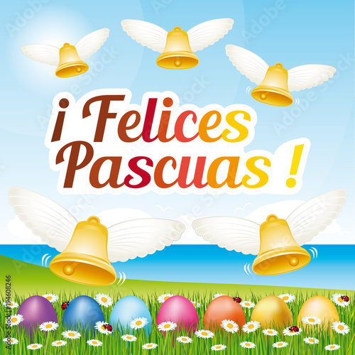 Beautiful and colorful Happy Easter greeting card with easter eggs and bells. Vector spanish illustration II.