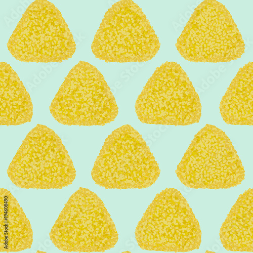 Turmeric rice onigiri. Seamless pattern. Asian snack. Japanese rice ball background. Lunch texture. Triangle rice balls colored with yellow turmeric powder. For decoration, web page or pattern fills.