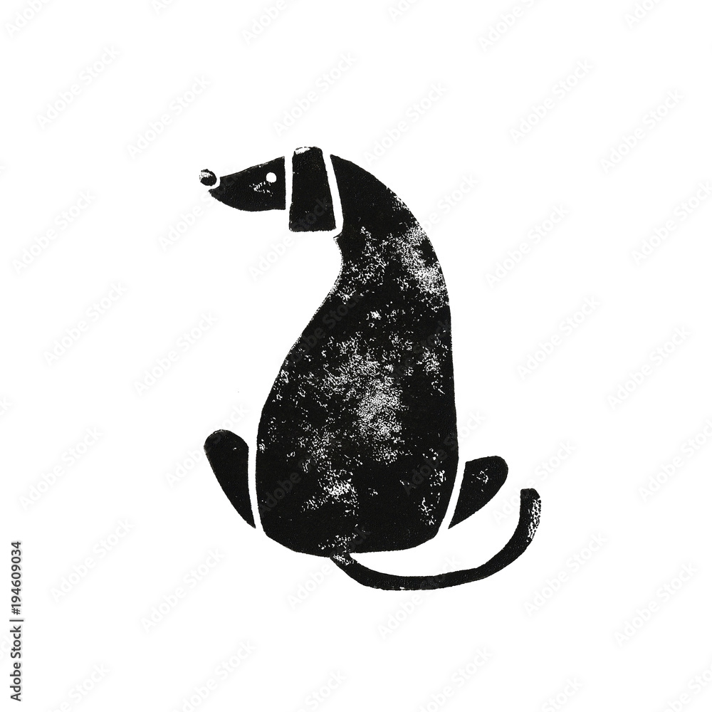 Obraz premium Linocut black-white dog with big ears sitting back. hound