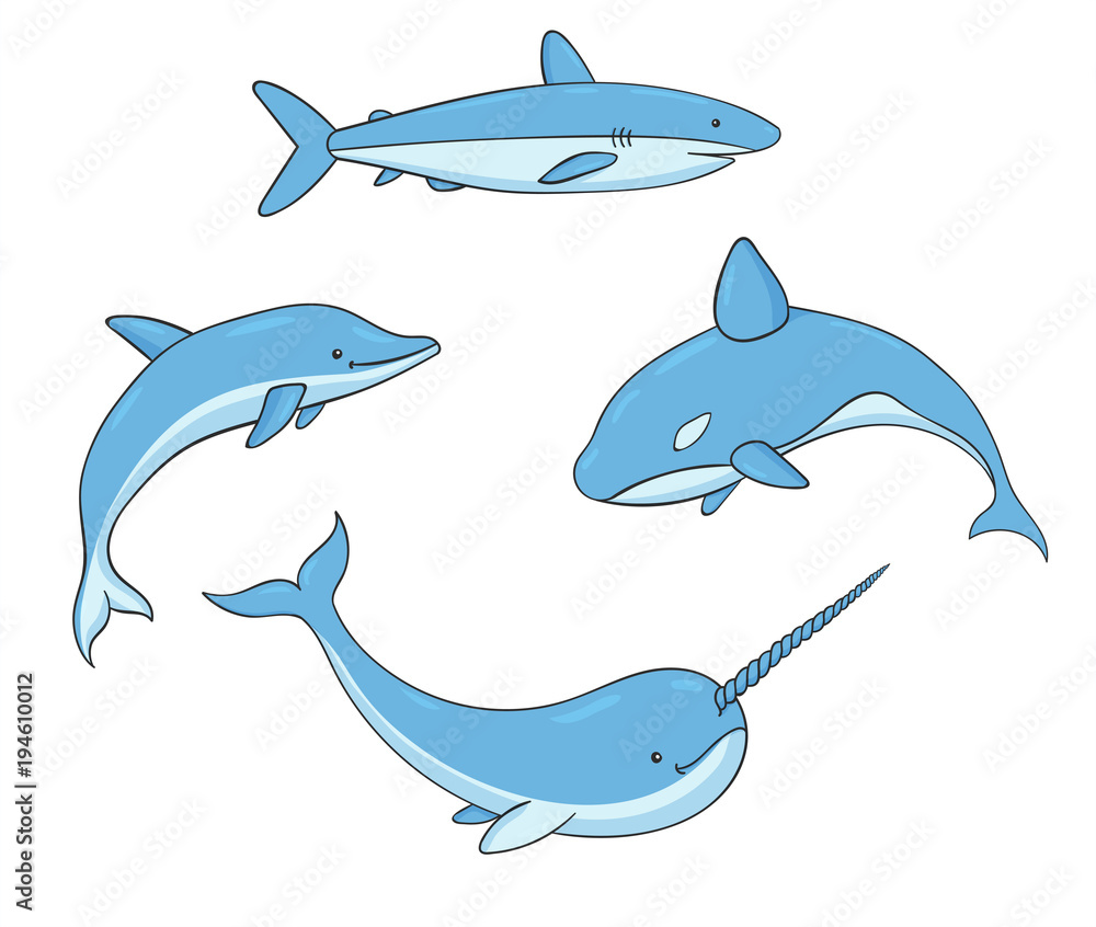 Set of vector underwater life with killer whale, shark, narwhal and dolphin. Sea creatures isolated on the white background. Set of vector underwater life with killer whale, shark, narwhal and dolphin. Sea creatures isolated on the white background.