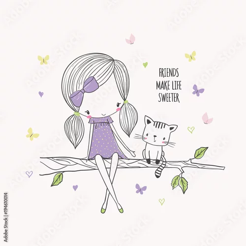 Obraz Dziewczyna z kotem na drzewie. Ilustracja wektorowa dla dzieci