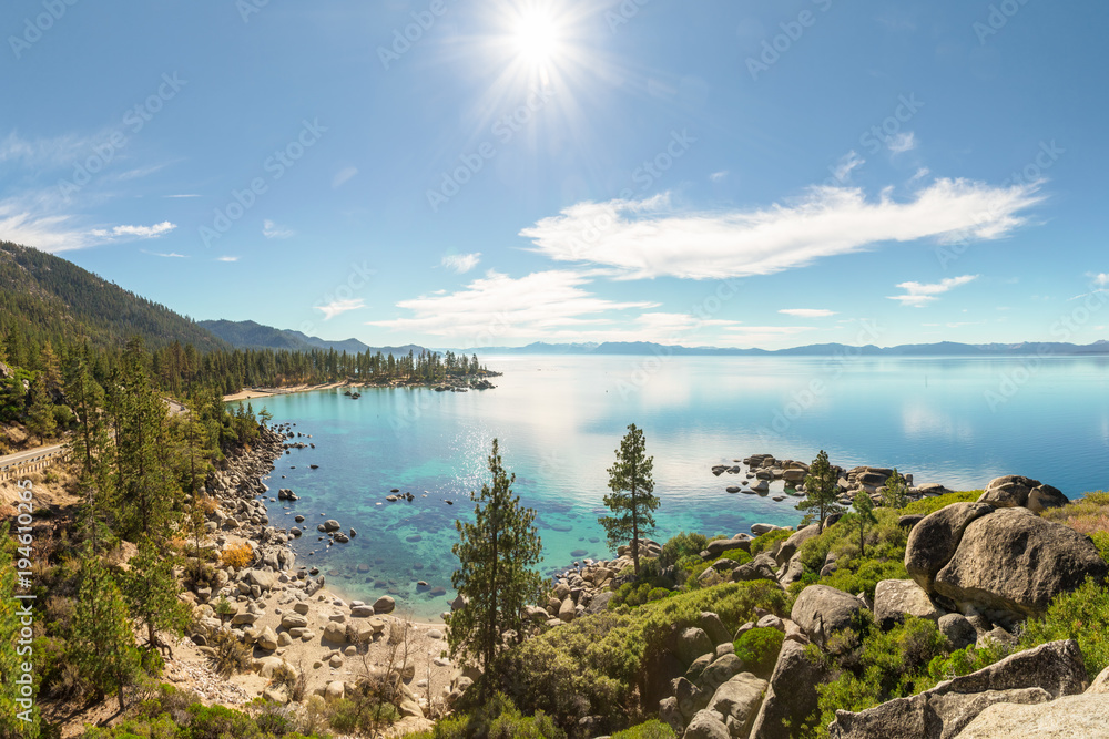 Lake Tahoe east shore overview near Sand Harbor in sunny day 