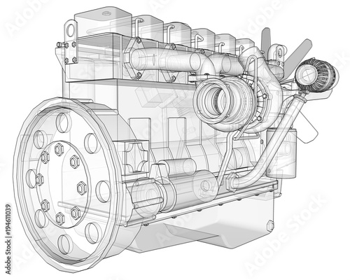 A big diesel engine with the truck depicted in the contour lines on graph paper. The contours of the black line on the white background.