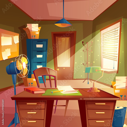 Vector illustration of working space, study room interior. Desktop with table, cabinet, lamp, fan, bookshelves, board, box, chair. Place for agency Concept for education homework workplace