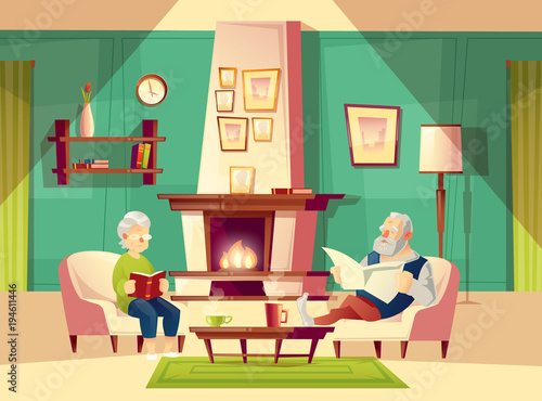 Vector cartoon background with old man and woman, who sit in armchairs near fireplace, rest, read book and newspaper. Modern interior of living room with furniture. Family life concept illustration