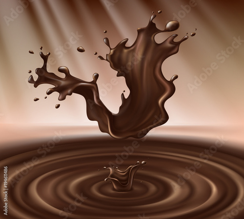 Vector illustration of hot chocolate splash, liquid cacao or coffee with drops, blobs, blots. Great for advertising poster, promo banner. Appetizing dessert, tasty product. Realistic background.