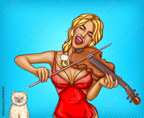 Vector pop art glamour blonde girl in red lingerie playing violin and singing song with white cat. Pin up concept with young sexy woman, musician in underwear on blue dotted background