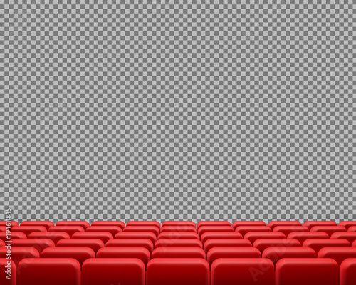 Vector realistic rows of red cinema or theater seats, empty velvet chairs for show or concert visitors, isolated on transparent background. Design template for movie premiere posters, announcements