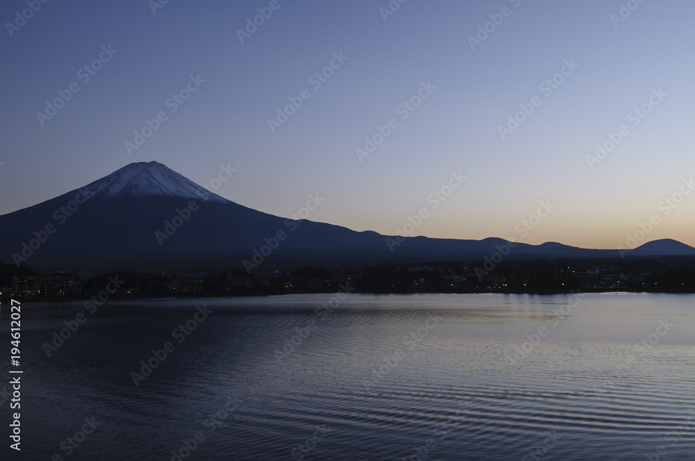 Beautiful Mount Fuji and Its Reflection on Lake Kawaguchi on Clear Sky Day