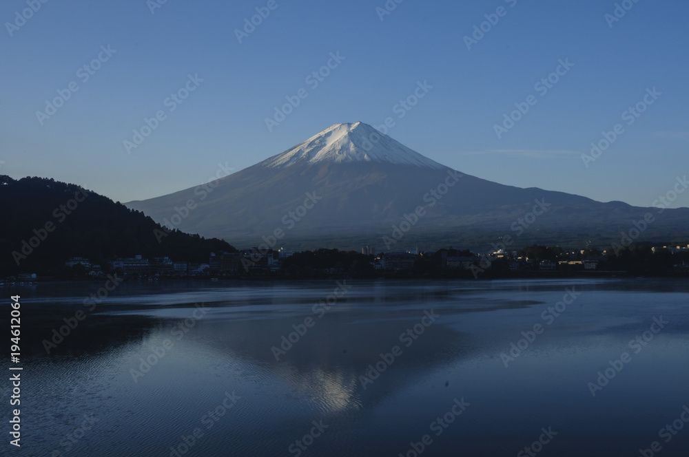 Beautiful Mount Fuji and Its Reflection on Lake Kawaguchi on Clear Sky Day