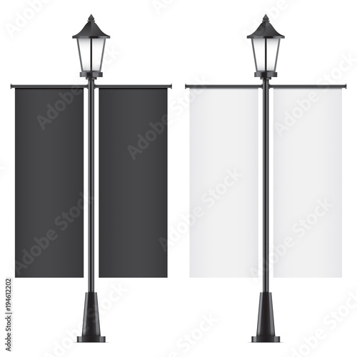 Set of vector lamposts, with black and white advertising flags, isolated on a white backgorund. Vertical promotional double sided flags realistic mockups.