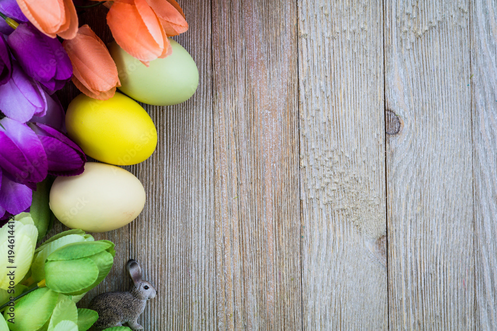 Spring and Easter background with tulips on wooden board, flat lay