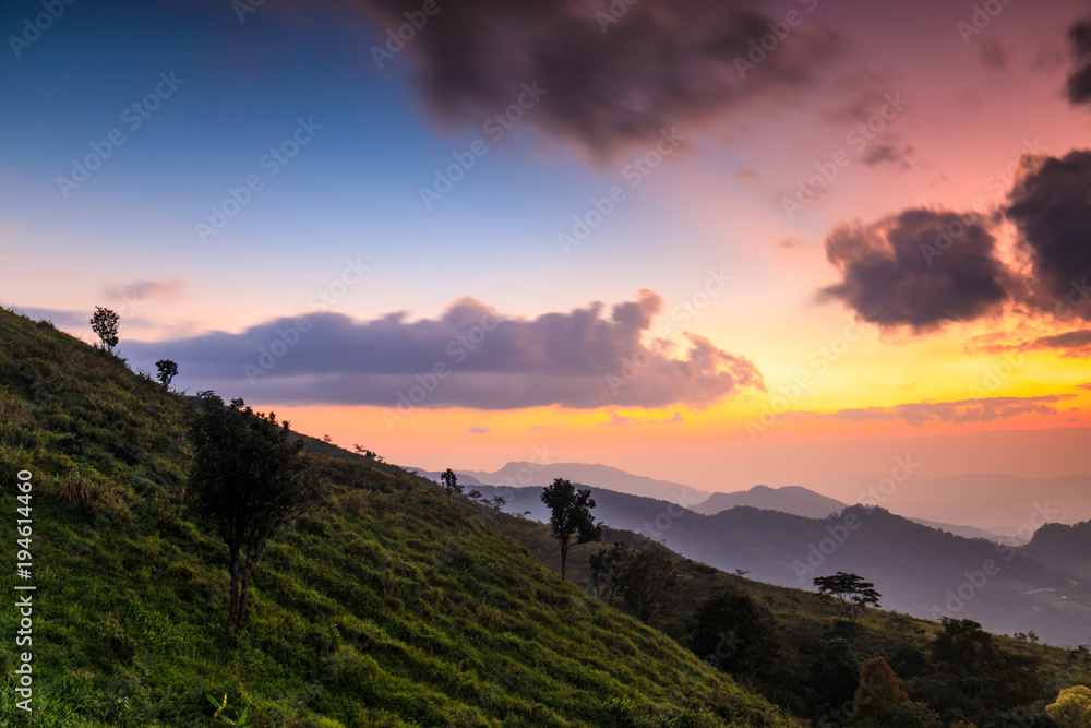 Beautiful sunset in Doi-pha-tang border of Thailand and Laos, Chiangrai providence Thailand.