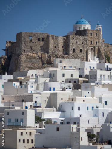 Chora of Astypapaia island ,Greece at daytime a close up of the white houses that encircle the castle