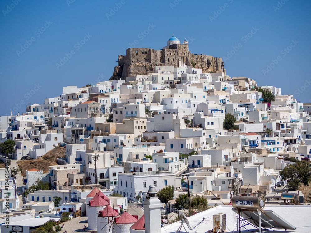 Chora of Astypapaia island ,Greece at daytime a close up of the white houses that encircle the castle
