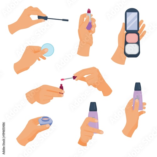 Arm holds a different make up. Holding hands with cosmetics. Vector illustration. Cartoon style.