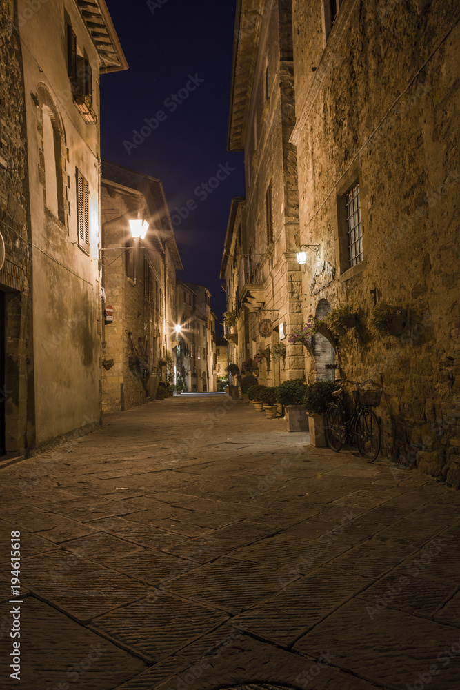 Street view at night. Pienza town in Tuscany region in Italy 