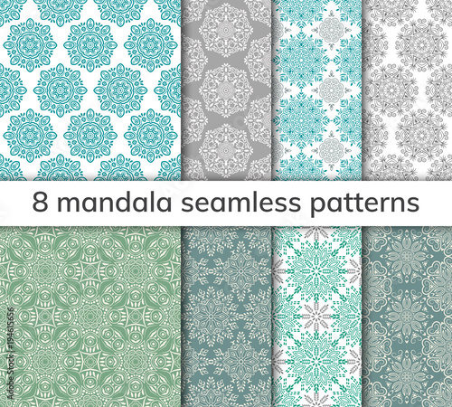 Set of 8 patterns. Collection arabic, indian, japanese, islamic motifs. Mandala seamless pattern.