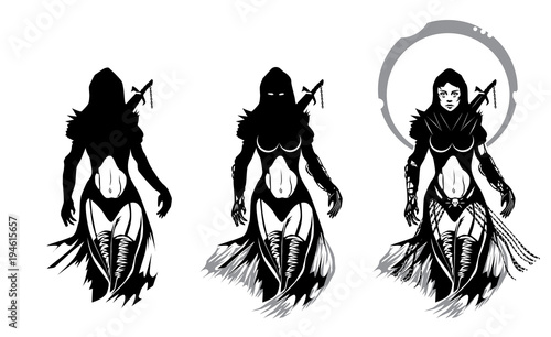 Priestess warrior fantasy silhouettes isolated