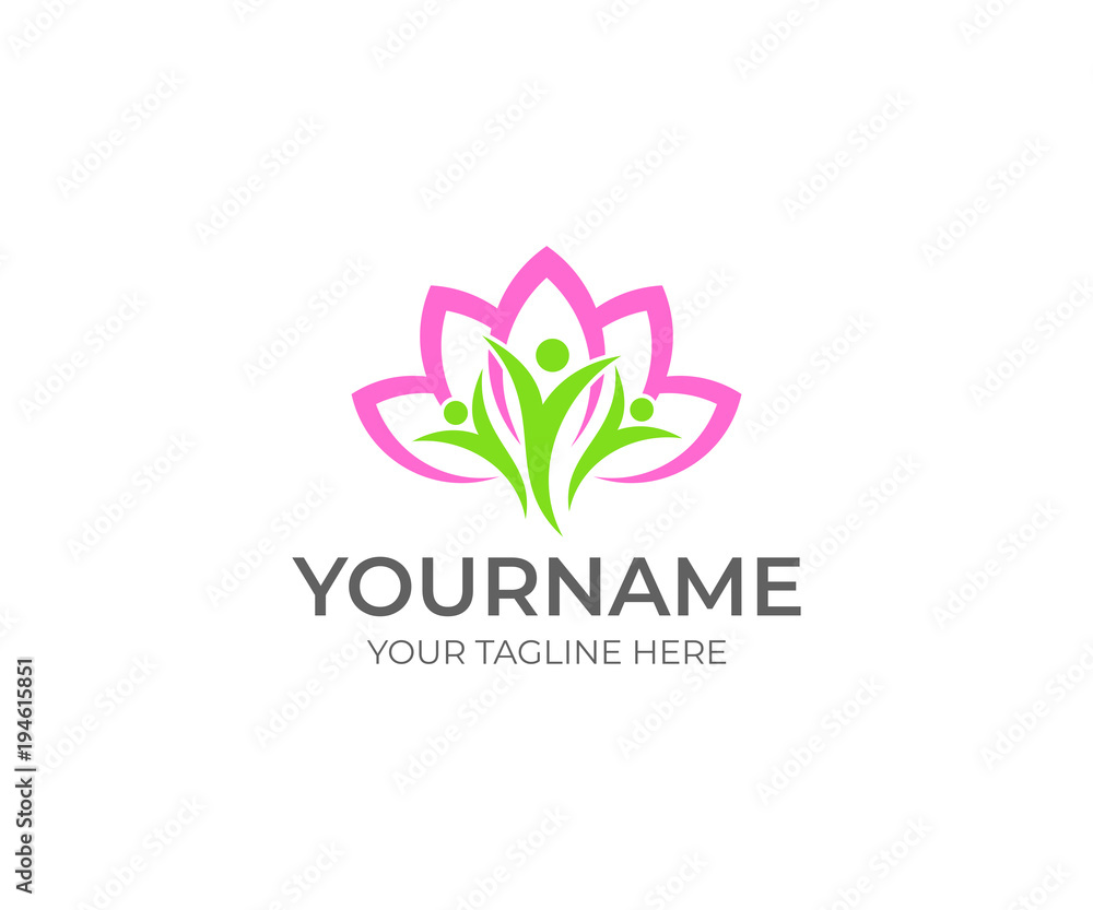 Lotus flower and happy people logo template. Beauty spa salon vector design. Nature and humans illustration Lotus flower and happy people logo template. Beauty spa salon vector design. Nature and humans illustration