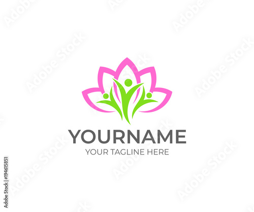 Lotus flower and happy people logo template. Beauty spa salon vector design. Nature and humans illustration