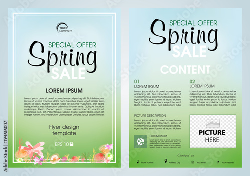 Vector flyer, corporate business, annual report, brochure design and cover for spring sale with flowers.