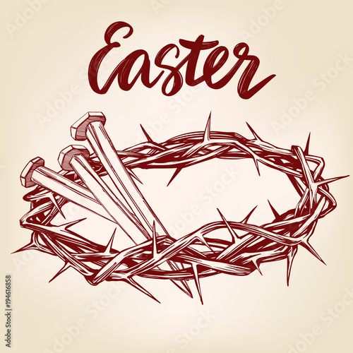 crown of thorns, nails, easter religious symbol of Christianity hand drawn vector illustration sketch