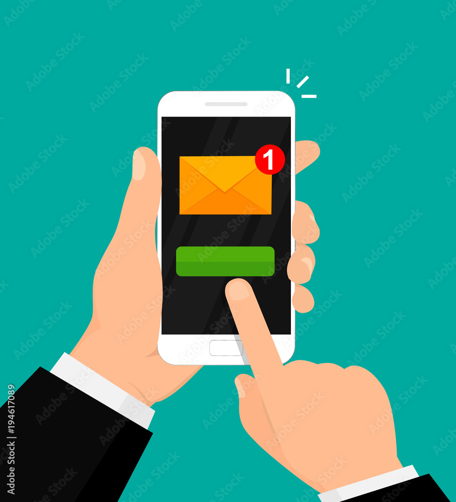 New email notification on mobile phone. E-mail marketing concept. Vector illustration. Flat design. New email notification on mobile phone. E-mail marketing concept. Vector illustration. Flat design.
