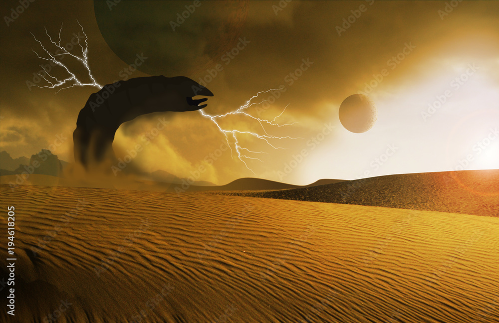 giant worm rising from sand on desert planet Stock Illustration