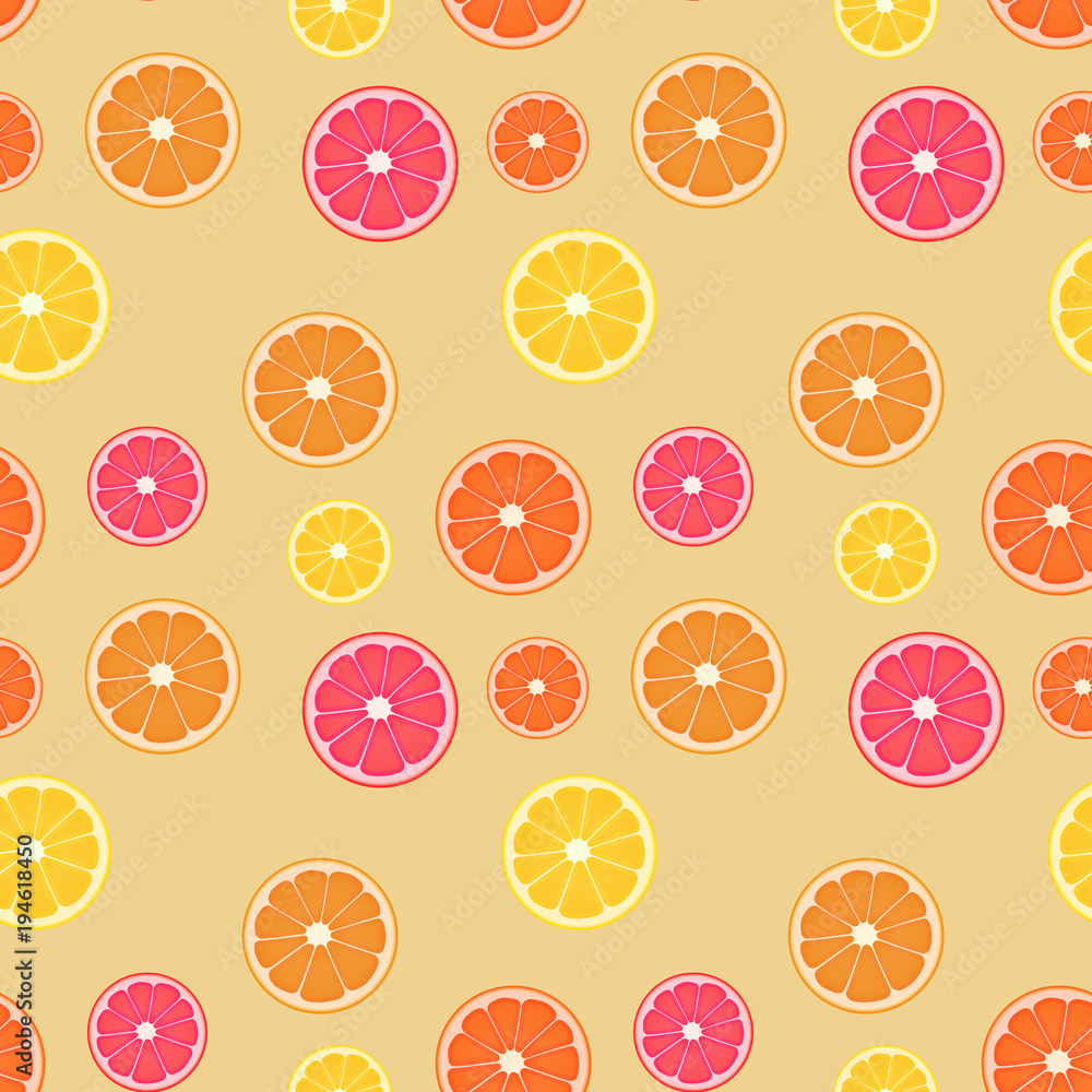 Citrus fruit slices seamless/repeat pattern. Differently colored slices on light beige.