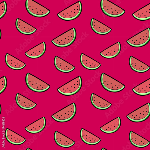 Simple  watermelon slices seamless repeat pattern. Pink background.