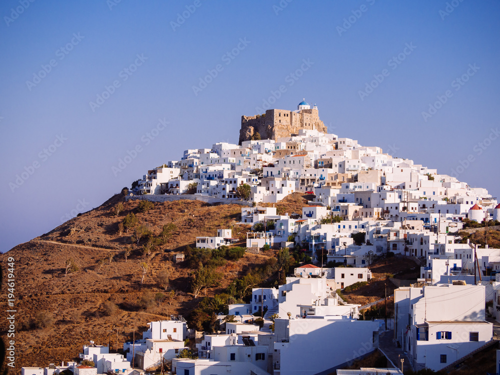 Chora of Astypapaia island ,Greece at daytime with the white houses that encircle the castle