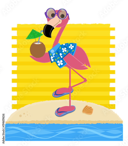 Flamingo At The Beach - Flamingo wearing sunglasses, Hawaiian shirt and flip flops is holding a coconut drink and standing on a sandy beach. Eps10
