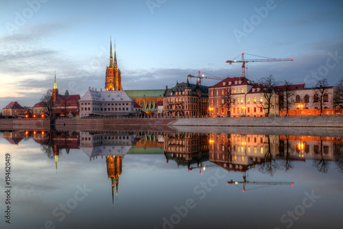 Evening panorama of the old city Wroclaw, Poland.