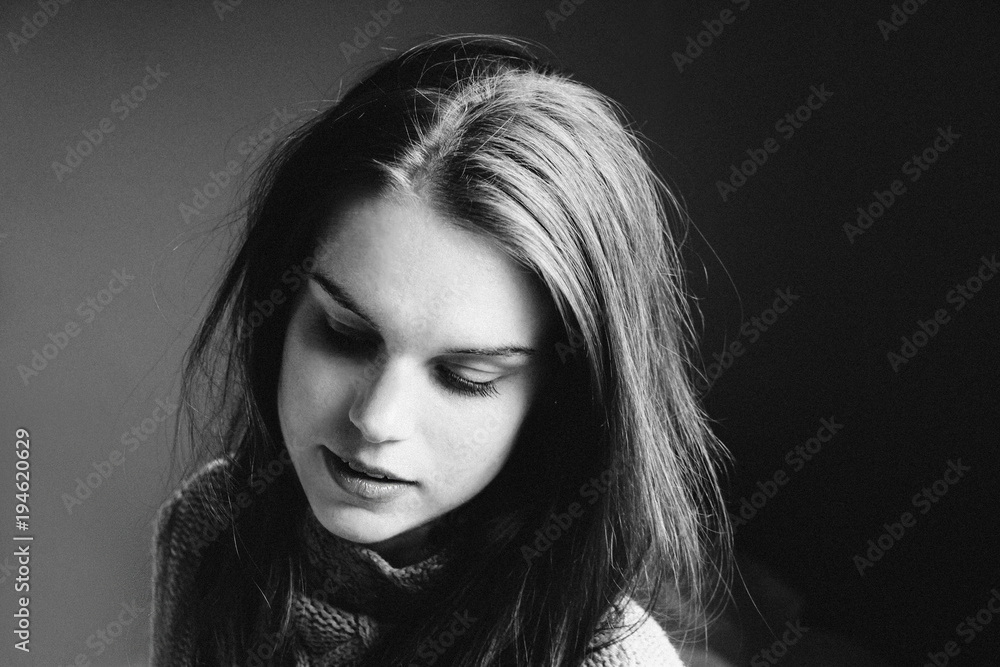 portrait of a beautiful girl in black and white 