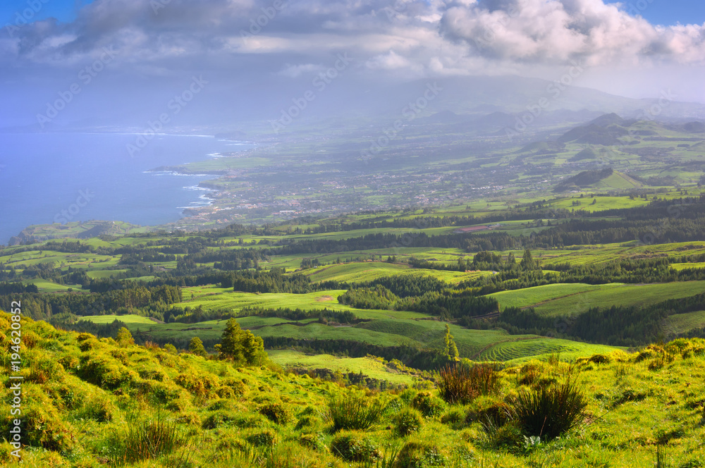 Beautiful panoramic landscape of Sao Miguel Island coastline, Azores, Portugal