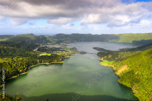 Panoramic view of crater lakes Lagoa Azul and Lagoa Verde at volcanic massif of Sete Cidades, Sao Miguel Island, Azores, Portugal