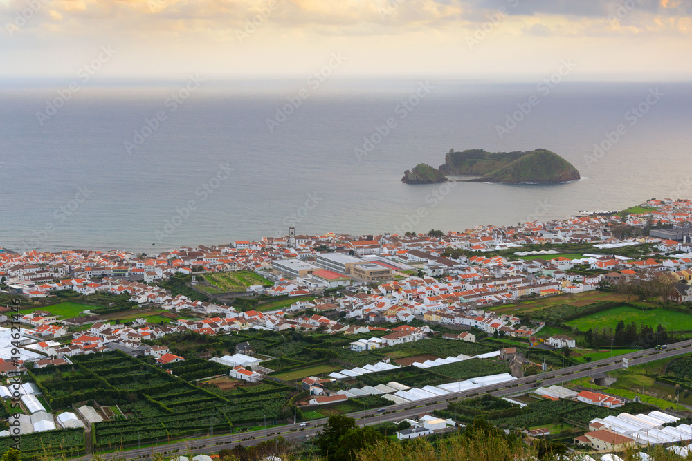 Aerial view of Vila Franca do Campo town with its emblematic volcanic islet, Sao Miguel Island, Azores, Portugal