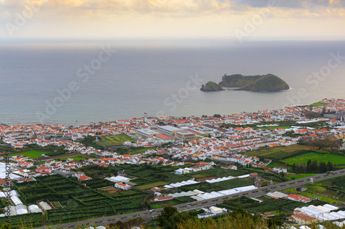 Aerial view of Vila Franca do Campo town with its emblematic volcanic islet, Sao Miguel Island, Azores, Portugal