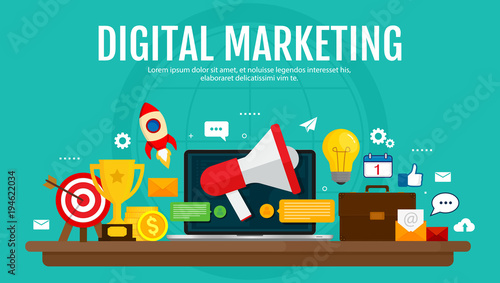 Digital marketing and digital advertising concept. Media promotion, social network, SEO. Vectro illustration. Flat design.