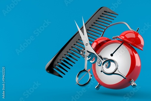 Obraz na płótnie Barber scissors with comber with alarm clock
