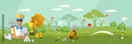 Golf club banner, sports equipment for golf sport competitions golfing elements concept